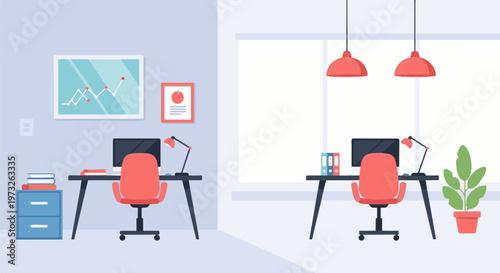 Two modern office workspaces with desks computers and chairs.