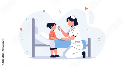 Nurse checking child's temperature with thermometer in hospital room