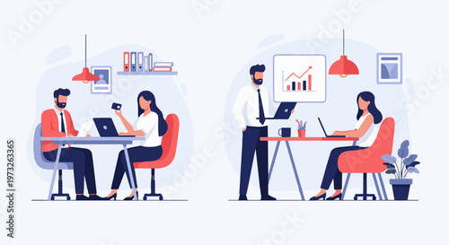 Two business scenarios depicting collaboration and presentation in a modern office setting.