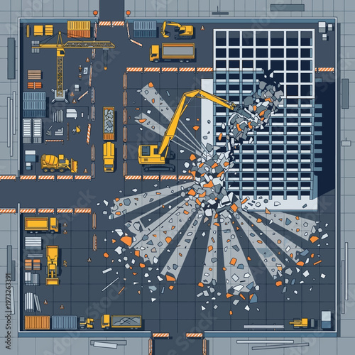 Aerial flat vector illustration of building demolition site with yellow excavator, crane, and heavy machinery