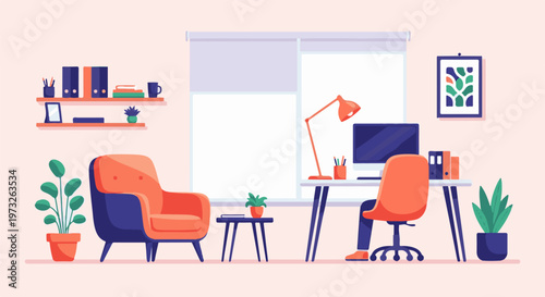 Modern Home Office Setup with Desk Chair and Armchair 1.