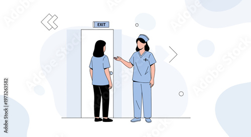 Nurse guiding patient to exit door, healthcare concept illustration