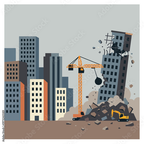 Flat Illustration of City Building Demolition with Wrecking Ball Crane and Excavator for Urban Development and Renewal Projects