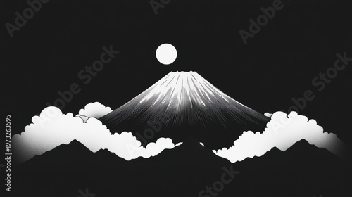 Black and White Artistic Depiction of a Mountain with Clouds Under a Bright Sun in a Minimalist Style