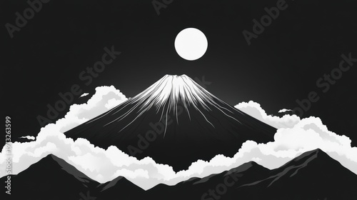 Majestic Mountain Landscape with Snow-Capped Peak and Dominant Sun Over Dramatic Clouds in Black and White Art Style