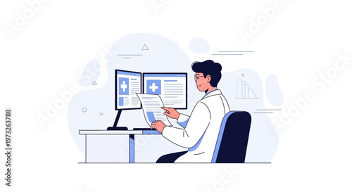 Doctor working on computer with medical records on screen, modern healthcare concept