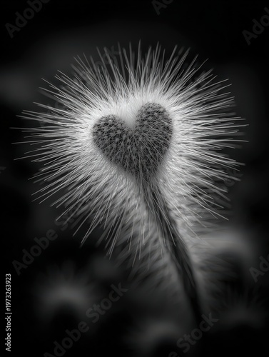 Ornate cactus with heart shaped thorns showcases gothic surrealism in stunning black and white artistry