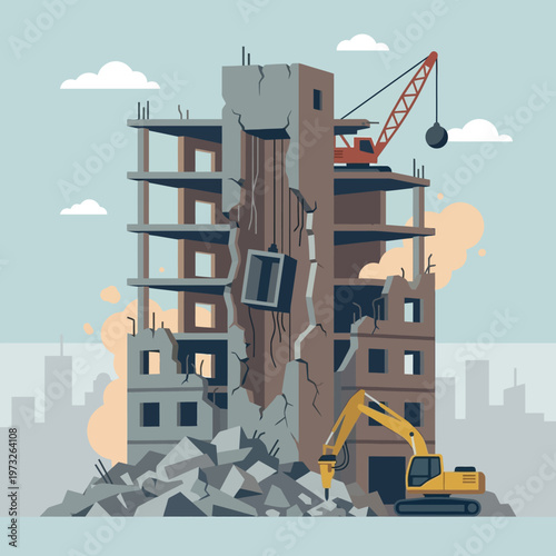 Building Demolition Illustration with Excavator and Wrecking Ball Crane for Urban Redevelopment and Construction Site Concepts