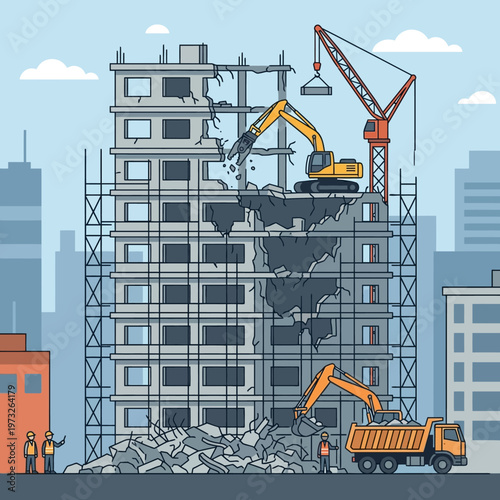 Building Demolition and Urban Renewal Vector Illustration with Excavators and Construction Workers