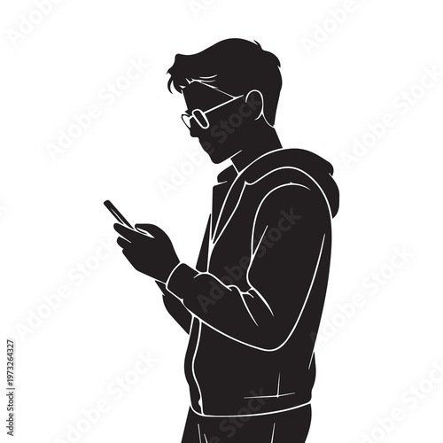 a model boy using phone Vector silhouette