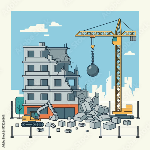 Building Demolition Site with Wrecking Ball Crane and Excavator Flat Vector Illustration for Urban Renewal and Construction Concepts