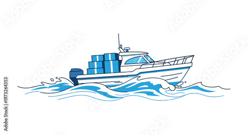 Sleek white and blue powerboat carrying several stacked blue shipping crates speeds across the choppy surface of a stylized ocean under bright daylight.