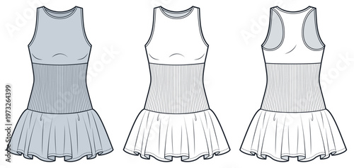 Women Tennis Golf Sport Mini Dress Fashion Flat Technical Drawing Template Featuring Sleeveless Racer Back Rib Waist Flared Hem and Front Back Views