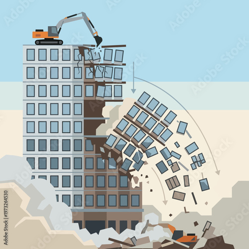 Building Demolition Vector Illustration Featuring an Excavator Tearing Down a Skyscraper with Falling Debris