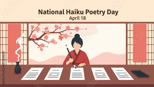 National Haiku Poetry Day April 18 Traditional Japanese Writing Scene Poet Composing Haiku Papers Cultural Literature Concept Illustration Flat Design