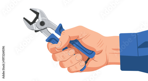 A strong human hand firmly grasps a pair of professional adjustable groove joint pliers with textured blue handles against a clean white background.