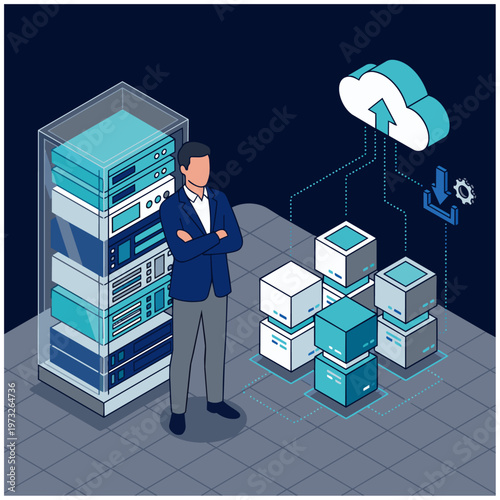 "A flat vector conceptual image showing an MLOps Specialist managing scalable cloud infrastructure. The specialist stands with arms crossed next to a tall, transparent server rack 