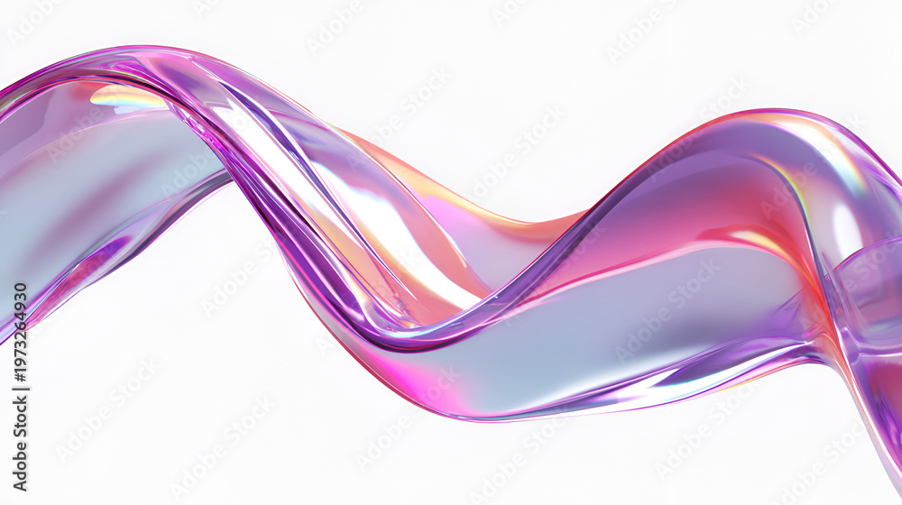 3d glass holographic liquid white background ribbon wave line render. Abstract fluid gradient tape. Fluid flow curve shape with flare and motion effect in purple pink light hologram colors