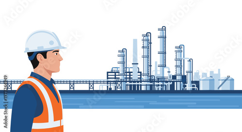 A professional site engineer wearing a white safety helmet and high-visibility orange vest looks toward a sprawling blue-toned petrochemical facility.