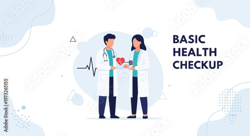 Doctors Performing Basic Health Checkup with Heart Symbol and EKG