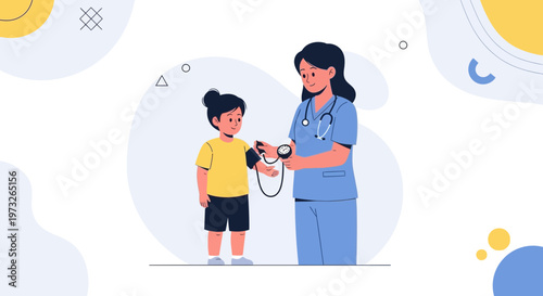Nurse checks child's blood pressure, pediatric healthcare, medical checkup illustration