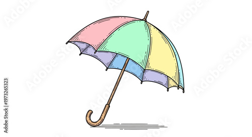 Colorful umbrella with curved handle.