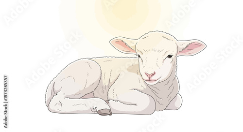 Cute white lamb lying down relaxed.