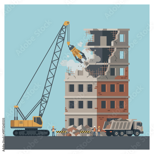 Building Demolition Scene with Crane and Dump Truck Flat Vector Illustration - Urban Renewal, Construction Site Deconstruction, and City Development Concept