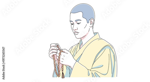 Buddhist monk holding prayer beads quietly.