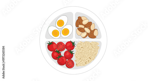 Three perfectly boiled egg halves are arranged with crunchy brown almonds, vibrant red cherry tomatoes, and dry rolled oats on a clean white ceramic plate.