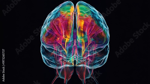 Colorful Abstract Brain Illustration with Neural Connections and Artistic Energy Flow Representing Human Mind and Creativity