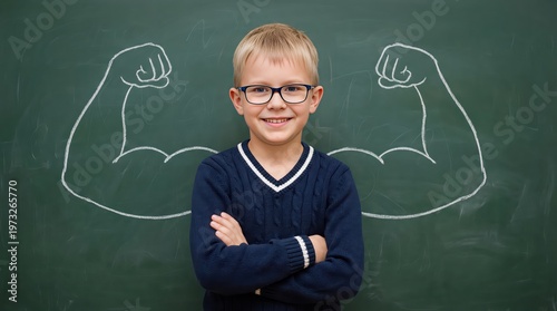 Young light skinned boy with blonde hair wearing glasses and a navy blue sweater standing with arms crossed in front of a green chalkboard with white chalk of muscular arms