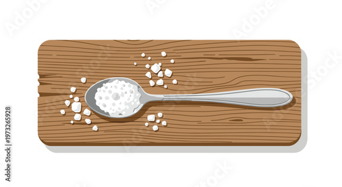 This detailed horizontal illustration depicts a sleek metallic spoon filled with white salt grains resting upon a weathered brown wooden kitchen board.