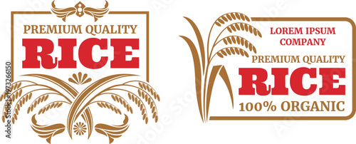 Elegant premium quality and organic rice branding designs with decorative elements