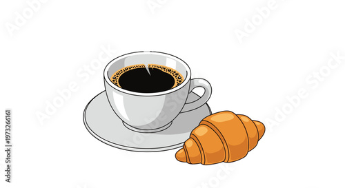 A minimalist illustration presents a steaming white ceramic cup of dark black coffee paired with a perfectly baked golden-brown flaky French butter croissant.