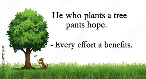 A vector illustration of a cartoon tree with grass and birds features a nature landscape design with a deer, bear, and baby animals under a summer sky for a spring Easter card