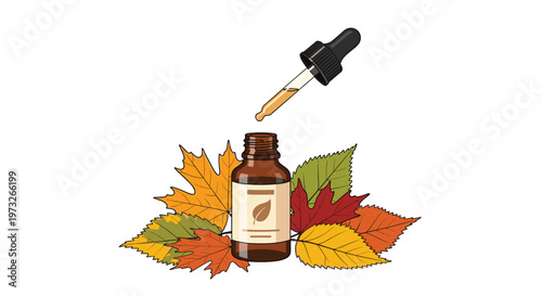 A serene autumn-themed illustration features a brown glass essential oil bottle with a glass dropper surrounded by vibrant orange and yellow fallen maple leaves.