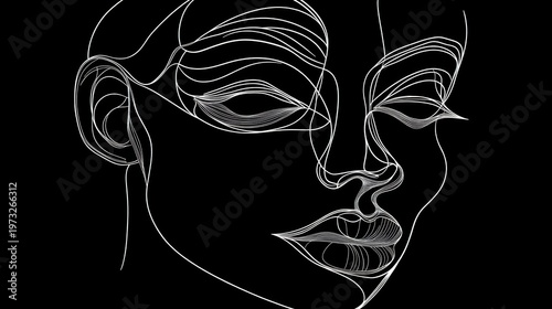 Abstract Human Face Outline Art in Monochrome Style Featuring Smooth Curves and Flowing Lines on a Black Background
