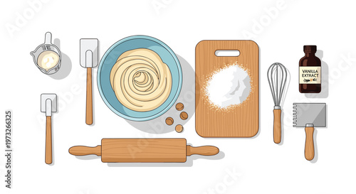A comprehensive collection of baking essentials including a bowl of smooth dough, a wooden rolling pin, flour, and vanilla extract is neatly arranged now.