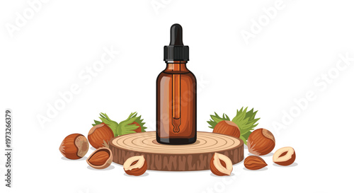 A professional product illustration displays a brown glass dropper bottle resting on a rustic wood slice surrounded by fresh hazelnuts and green forest leaves.
