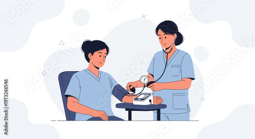 Nurse checking patient's blood pressure with sphygmomanometer, medical checkup illustration