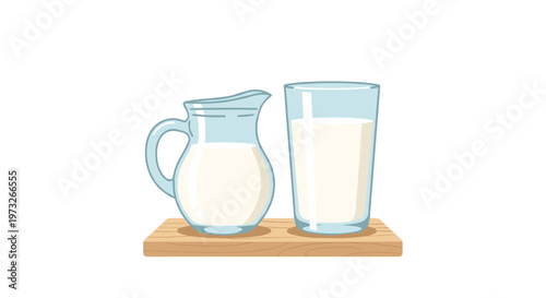 This charming illustration features a small rounded glass creamer jug and a tall glass of fresh milk resting neatly on a light-colored wooden serving board.