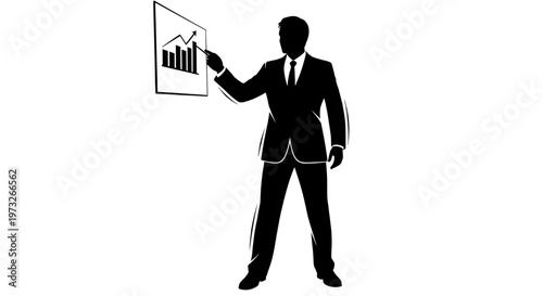 Business Silhouette: A sharply dressed figure in silhouette, meticulously presenting a growing graph, embodying business prowess and forward-thinking strategy.