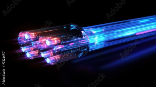 Colorful Light Trails Emanating from Fiber Optic Cable in a Dark Background with Dynamic Motion Effects and Bright LED Glow