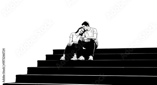 Serene Stairway Embrace: A couple finds solace and connection on a set of stairs, sharing a tender moment of closeness. conveying the essence of togetherness and emotional intimacy.