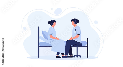 Nurse and patient in hospital room wearing headphones, communication concept