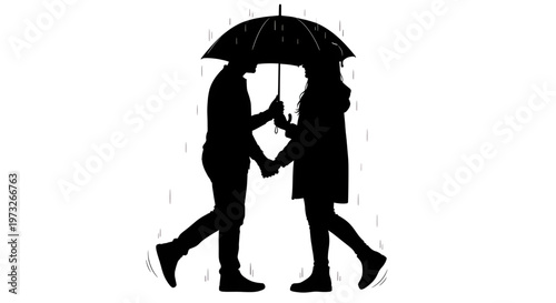 Silhouette of a Couple in the Rain: A romantic silhouette captures a tender moment as a couple walks together under an umbrella amidst a gentle rainfall, portraying love and togetherness.