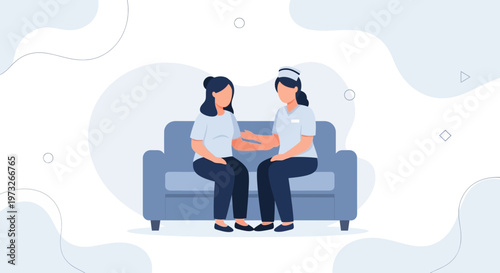 Nurse Consults Patient Sitting on Sofa, Healthcare Illustration