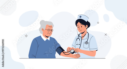 Nurse checking elderly woman's blood pressure, healthcare concept
