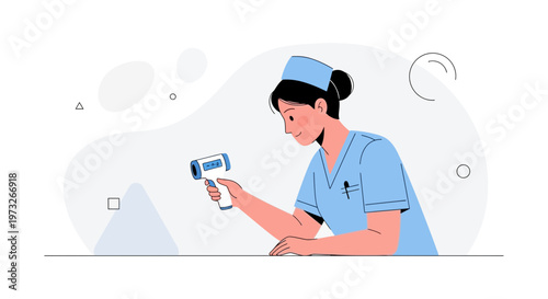 Nurse checking temperature with infrared thermometer, medical illustration, healthcare concept